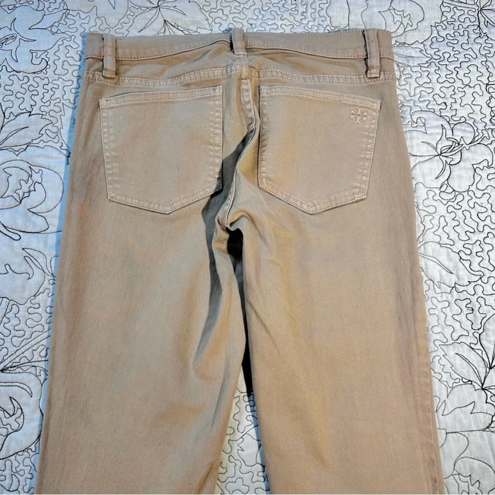 Tory Burch Emmy Beige Slim Ankle Pants Gold Snap Detail Stretch Sz 26💛